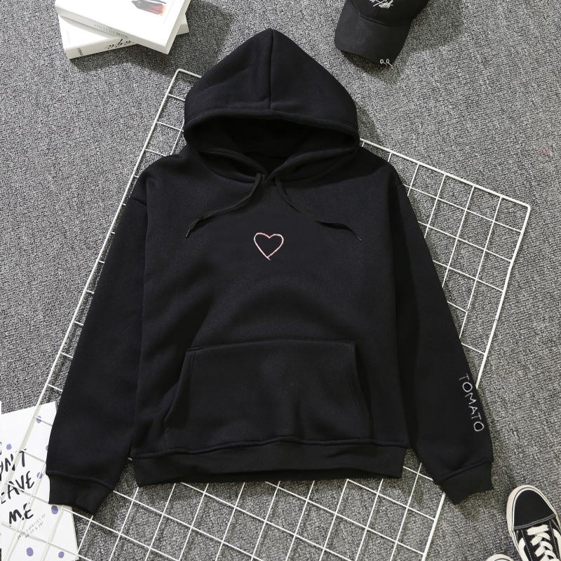 Love Embroidery Hooded Pullover Plus Fleece Sweater Fashion