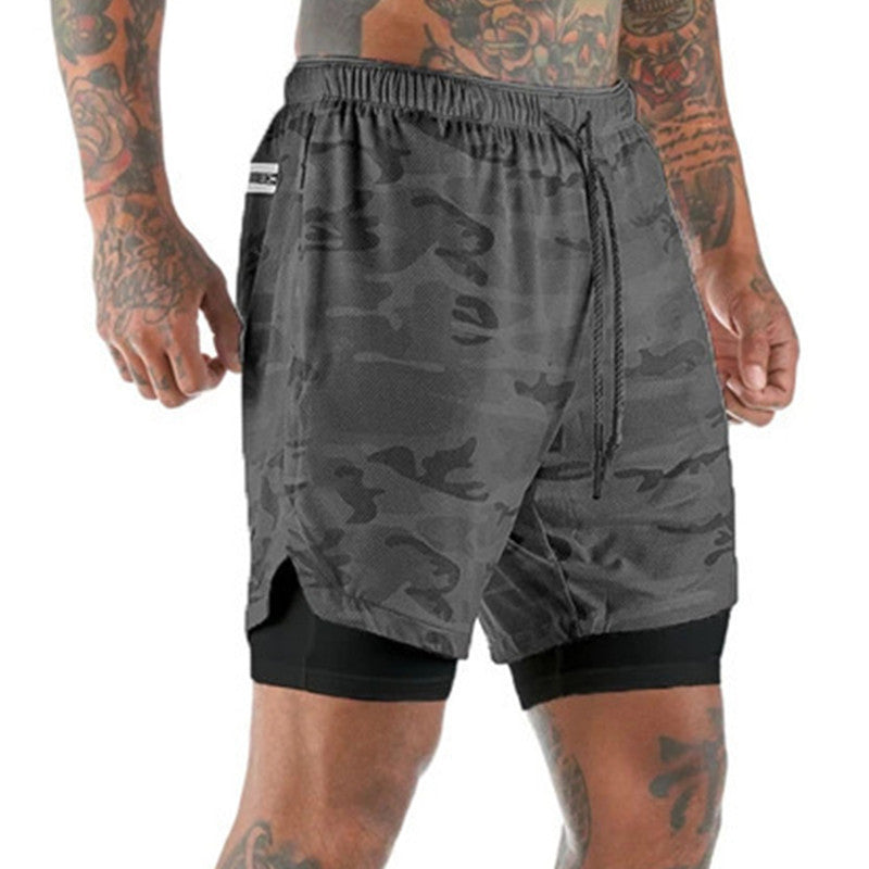 Men's Shorts Beach Pants Plus Size Double-Layer Running Mesh Home Sports Five-Point Pants Fitness