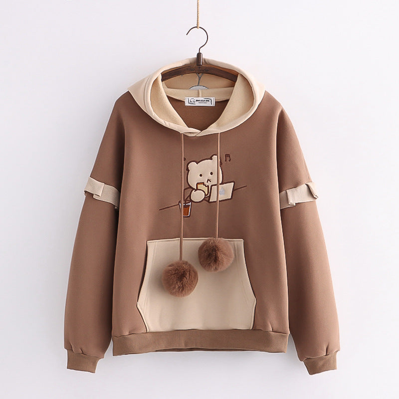 Hooded Bear Embroidery Plus Velvet Sweater Loose And Thin Coat Women