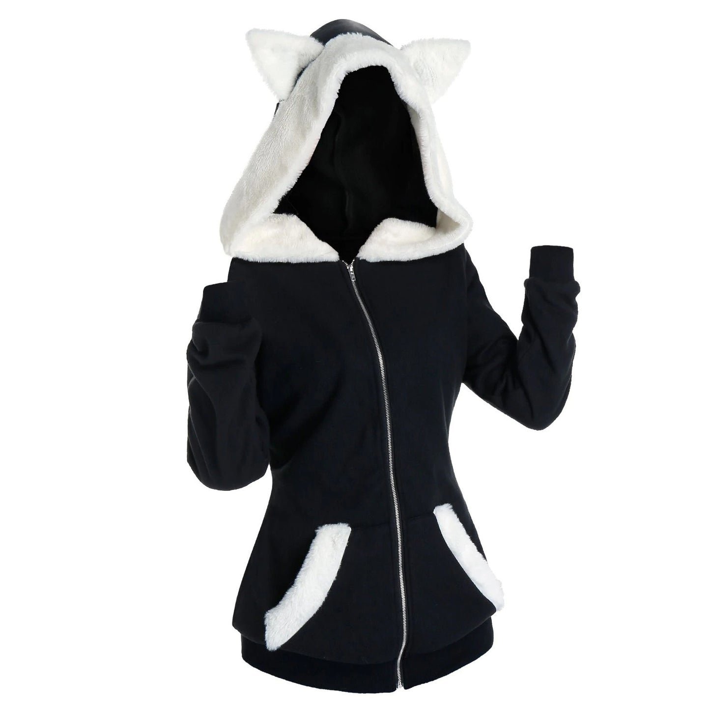 Plush Cat Ears Contrast Stitching Hooded Plush Sweater