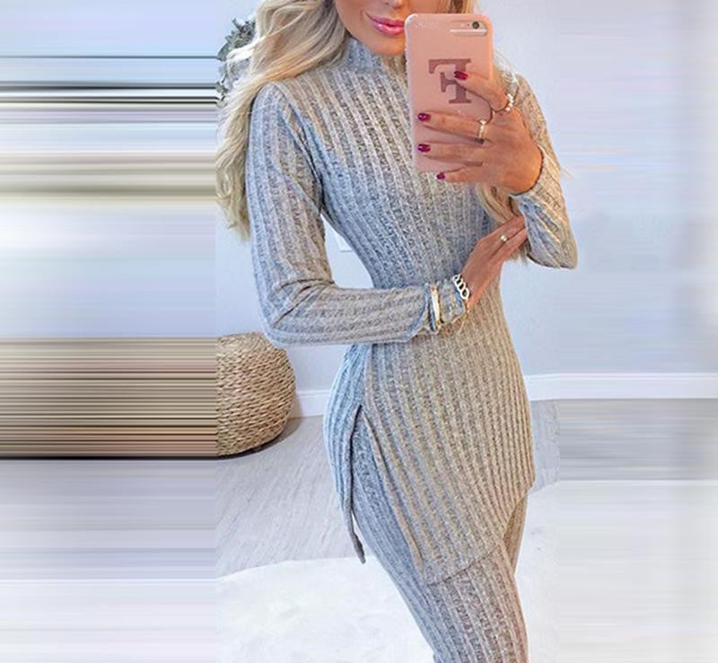 Knitted Suit Slit Mid-length Top And Leggings