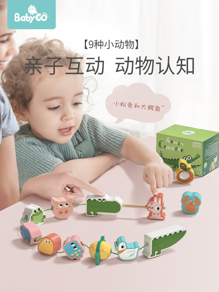 Babygo Children Crocodile Strings Pearl Huumai Baby Early Learning Strings Beads Men Girl 1-2 years old Wearing wooden toys