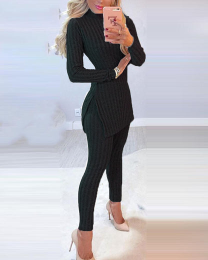 Knitted Suit Slit Mid-length Top And Leggings