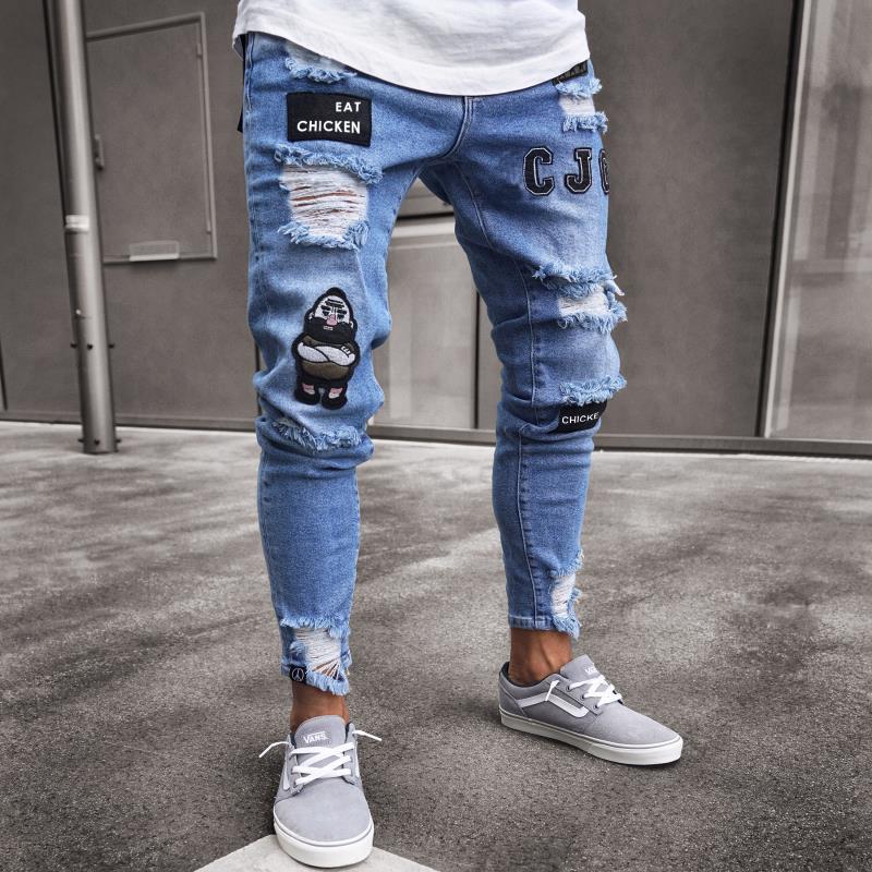 AliExpress White High-end Denim Men's Trousers Cross-border Foreign Trade Hole Trend Black Slim Jeans Men