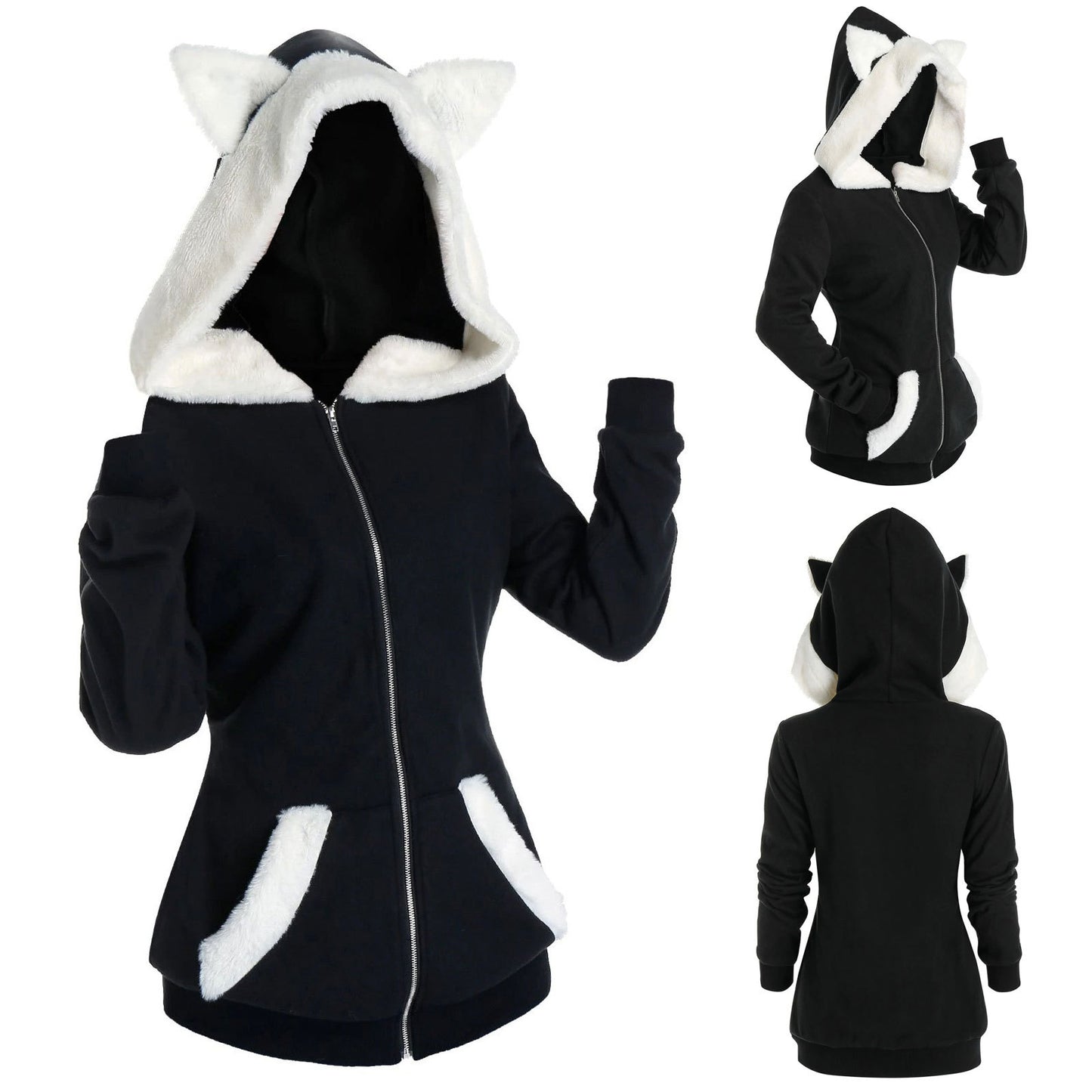 Plush Cat Ears Contrast Stitching Hooded Plush Sweater