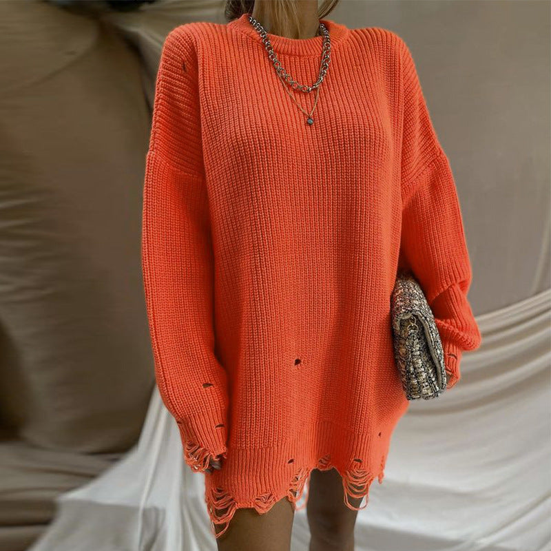 Ladies Loose Solid Color Ripped Sweater Mid-length