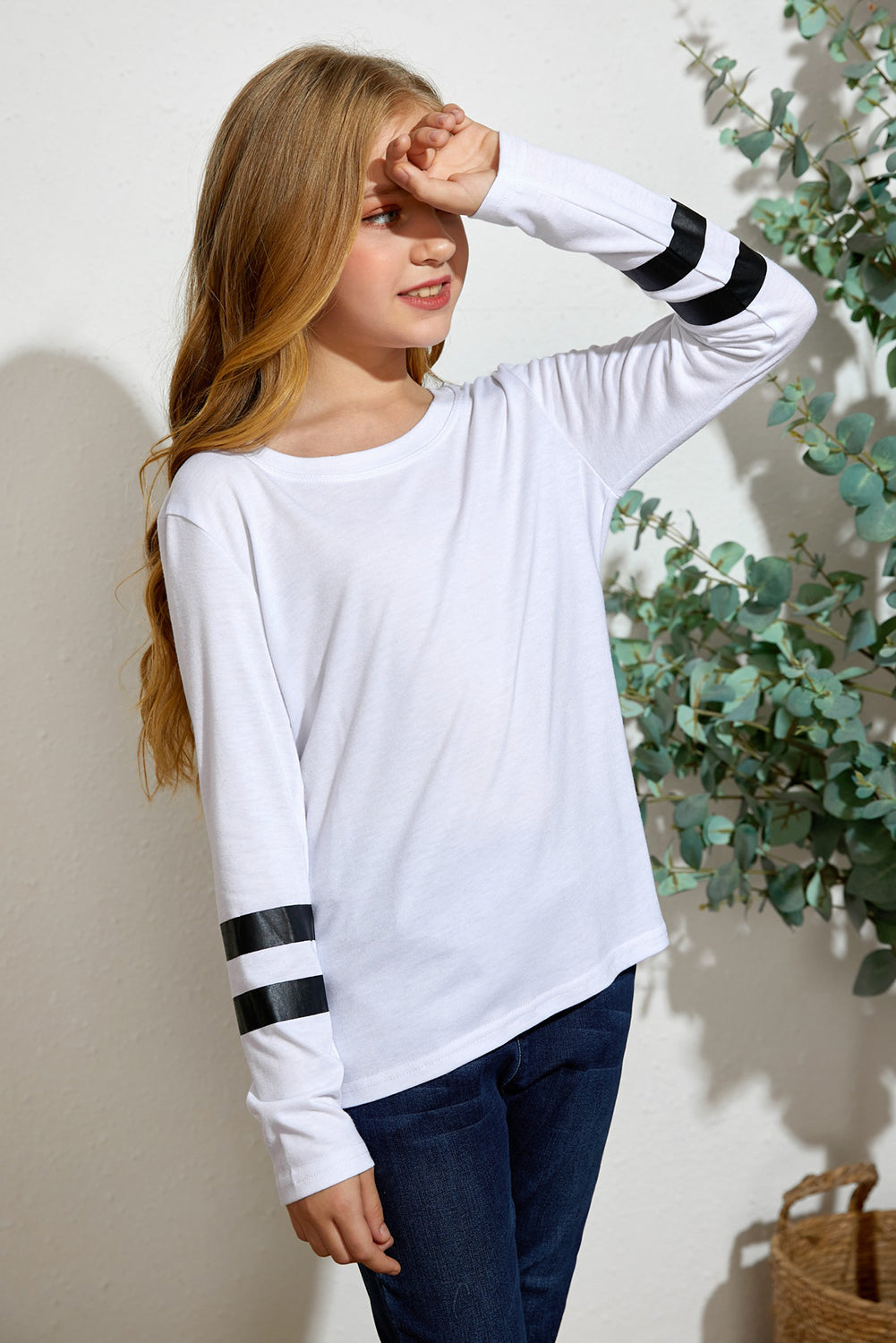 Girls Striped Round Neck Long Sleeve Top